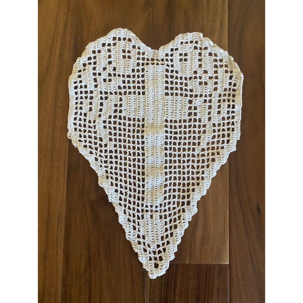 Handmade Crochet Doily Filet The CROSS Heart Shape White